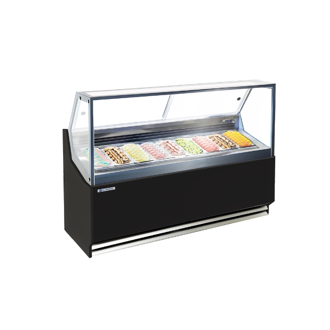 This image showcases the ALL-FROZEN Sunshine-9, a modern and elegant gelato display case designed for ice cream parlors, dessert shops, and retail stores. The unit features a sleek black exterior, complemented by a large glass canopy, which provides clear visibility of the displayed gelato and ice cream selections. Inside the case, a variety of gelato flavors are neatly arranged in stainless steel trays, with vibrant colors ranging from rich chocolate and creamy vanilla to bright green pistachio and refreshing fruity sorbets. The LED lighting system enhances the presentation, making the gelato visually appealing to customers. he angled front glass panel is designed for optimal product display, while the stainless steel interior ensures hygiene and easy cleaning. This unit is ideal for frozen dessert merchandising, helping businesses maintain optimal storage temperatures while offering an attractive showcase for customers.
